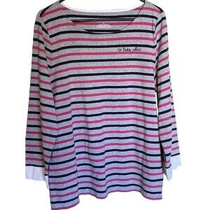 Talbots Blouse Womens Size XL Tres Chic Pink Gray Striped Long Sleeve Top Shirt